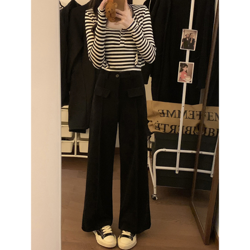Actual shot of 2024 new wide-leg pants casual pants for women, chic pocket drape, high waist, slimming, loose suit trousers