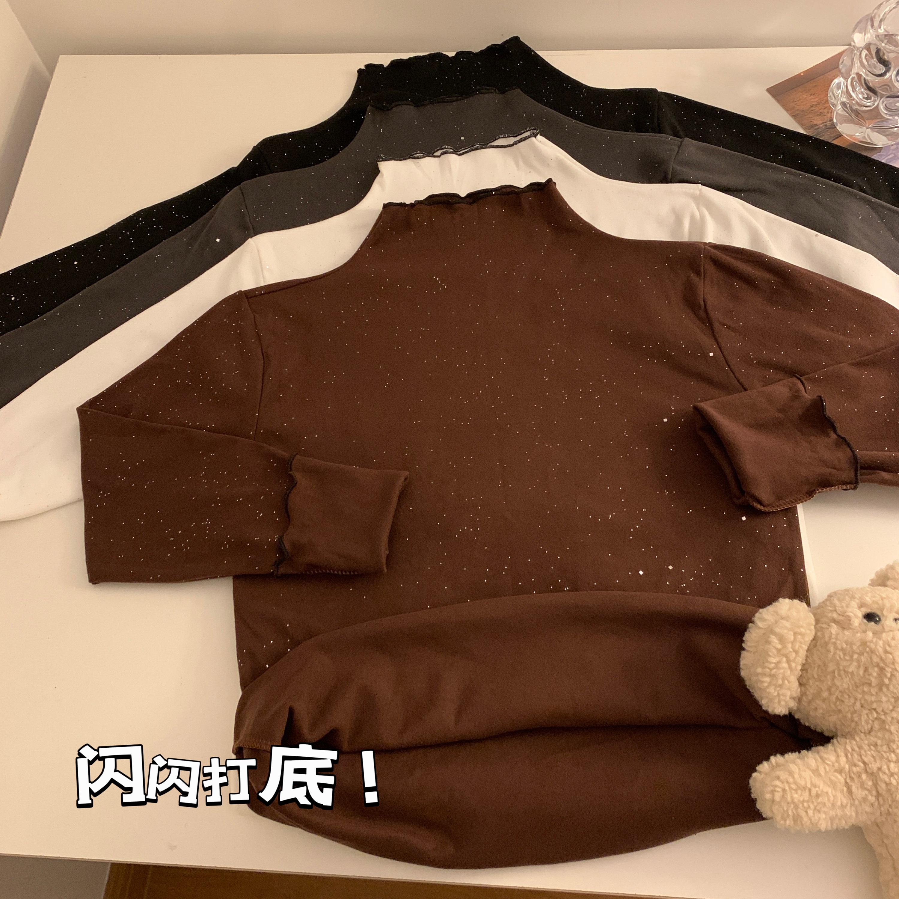 Actual shot of Korean style autumn and winter starry sparkling long-sleeved fungus half turtleneck pure desire bottoming shirt top