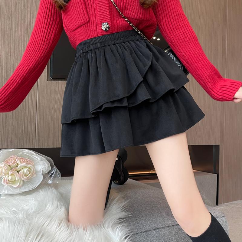 ****~Real shot of irregular ruffled velvet high-waisted A-line puffy skirt cake skirt for women in autumn and winter