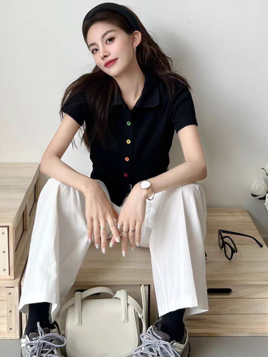 黑色polo領短袖冰絲襯衫女年夏款設計感拼色小眾別致顯瘦上衣