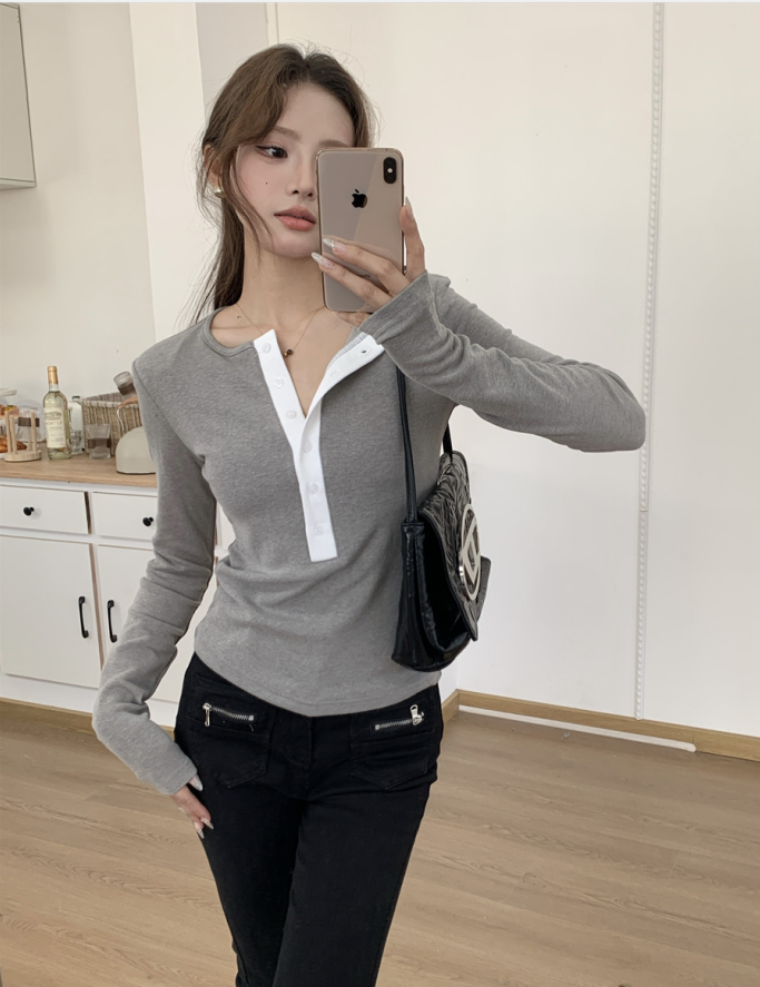 Real shot!  Simple Contrast Color V-Neck Long Sleeve T-Shirt Slimming Versatile Warm Bottoming Shirt for Women