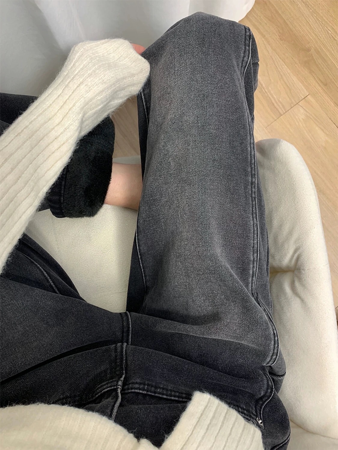 加絨加厚黑灰色直筒牛仔褲女秋冬新款韓版百搭高腰寬鬆顯瘦闊腿褲