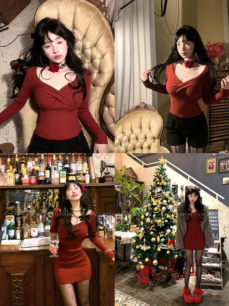 FunnJ方幾 雪夜芭比 復古收腰針織連衣裙女設計感蝴蝶結打底上衣