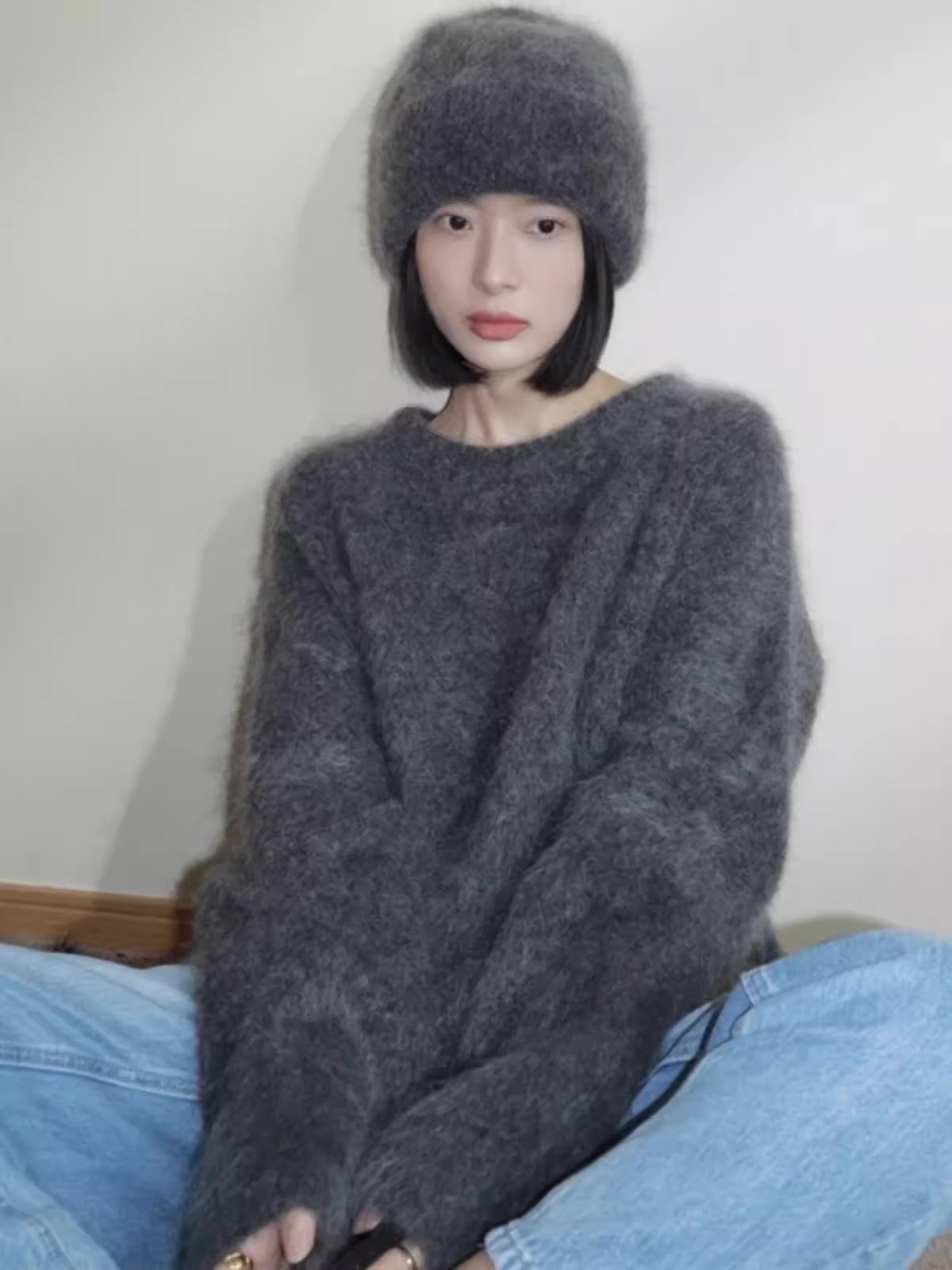 日系慵懶風馬海毛灰色毛衣女秋冬加厚軟糯寬鬆高質感羊毛針織上衣