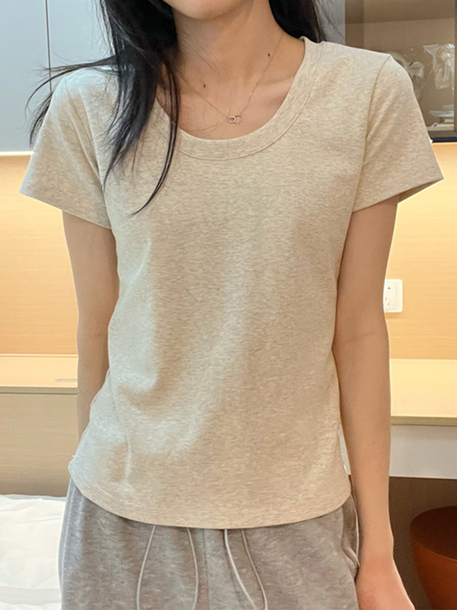 經典基礎款U領灰色百搭短袖T恤女美式修身顯瘦半袖上衣低領打底衫