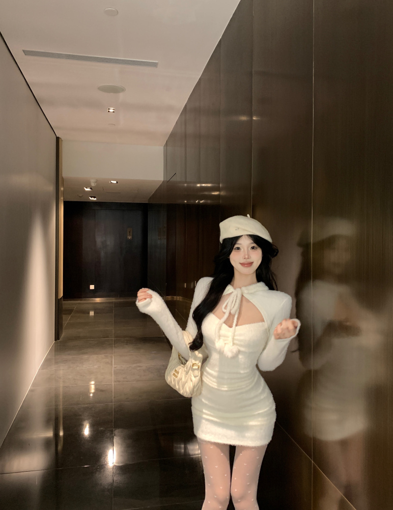 實拍 純欲性感辣妹針織連衣裙女氣質水貂絨毛毛內搭包臀短裙