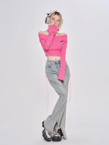 No color difference, with OEM label, cuff slits, pink one-shoulder sweater, French short-long-sleeved slim top
