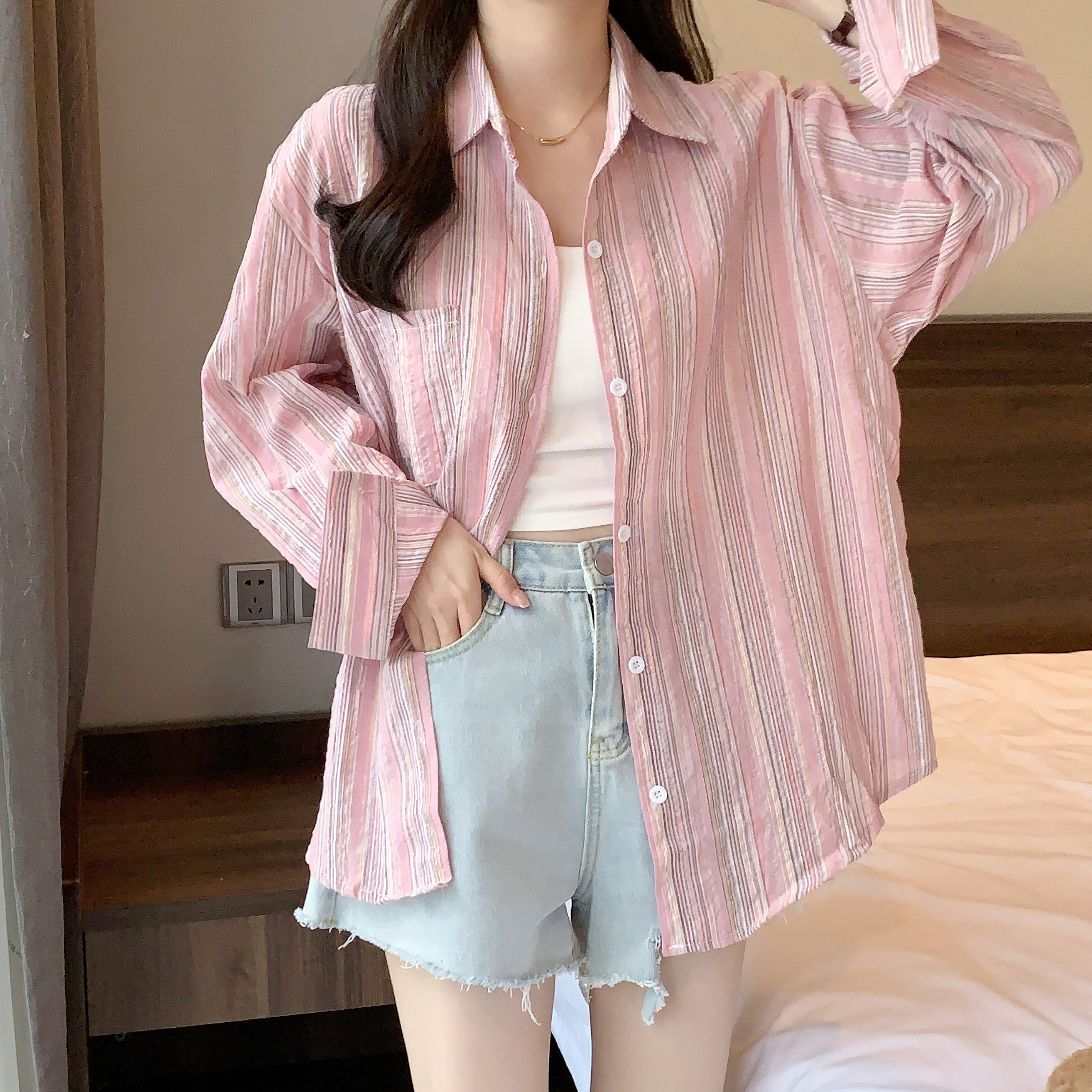 實拍  原版粉色條紋長袖防曬襯衫上衣女2024新款寬鬆休閒襯衣