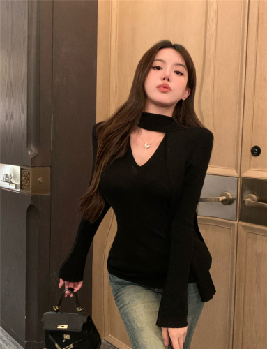 Actual shot ~ Wool slim-fitting bottoming top for women in autumn and winter old money style ribbon design knitted sweater