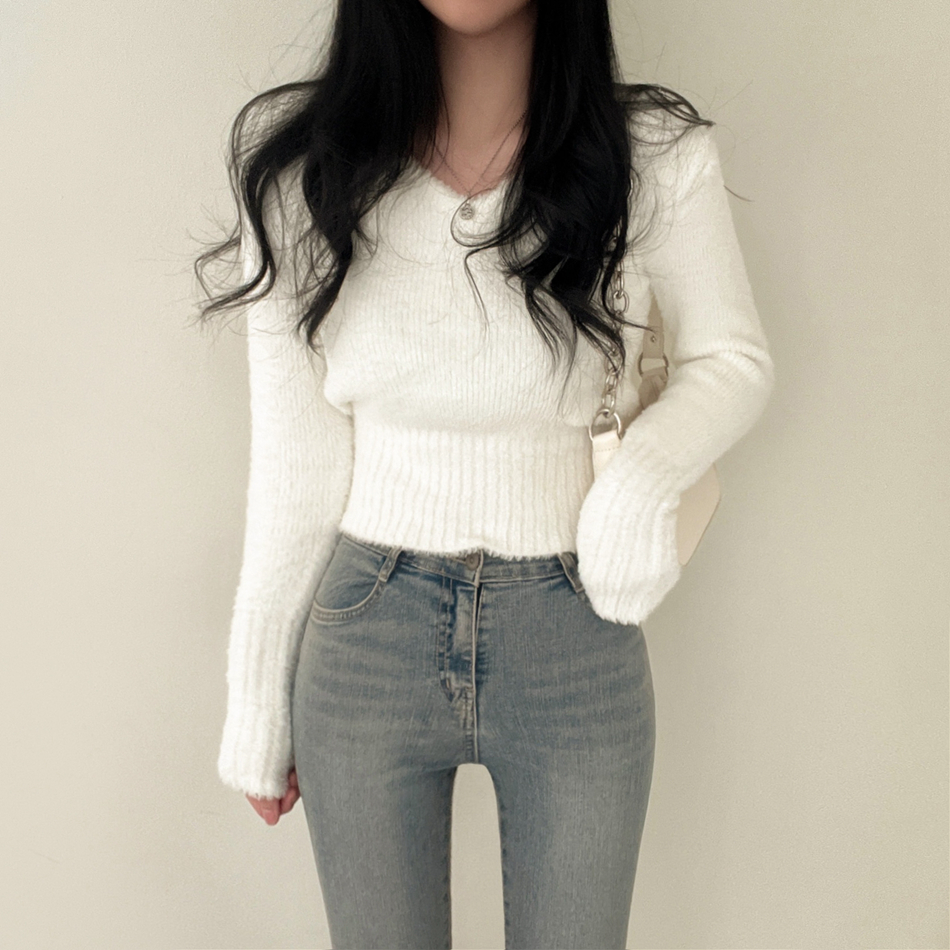 Korean chic versatile V-neck soft waxy imitation mink elastic bottoming sweater long-sleeved knitted top for women