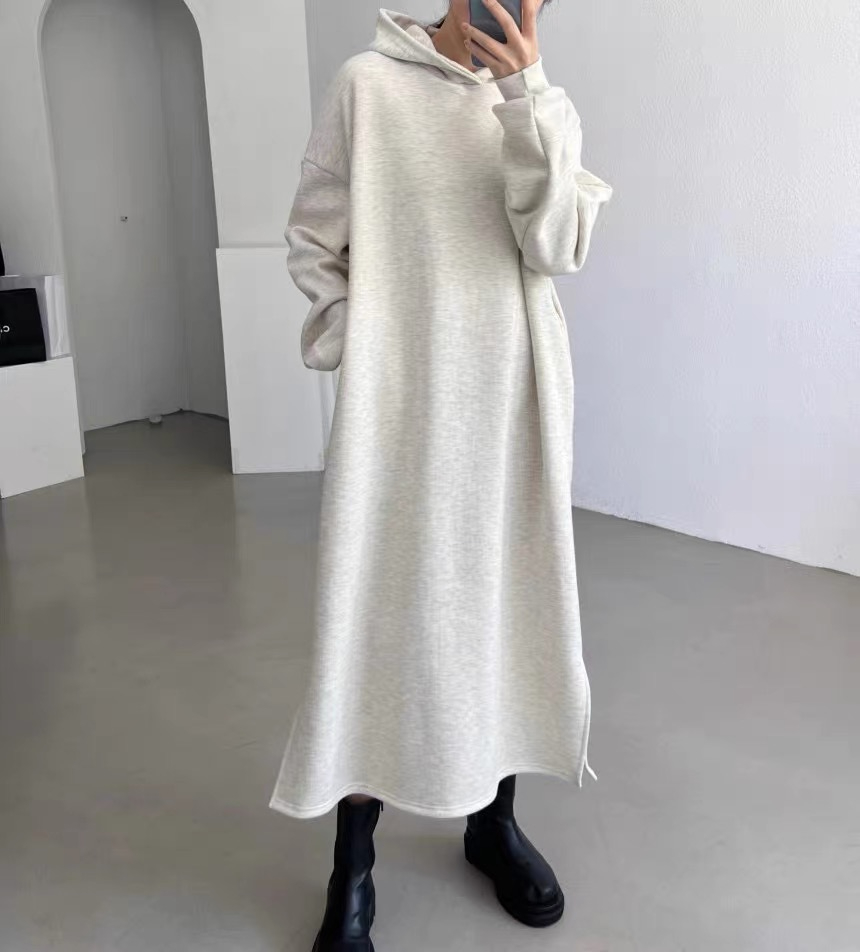 chic韓版簡約純色加絨連帽衛衣裙冬季寬鬆直筒休閒長款連衣裙