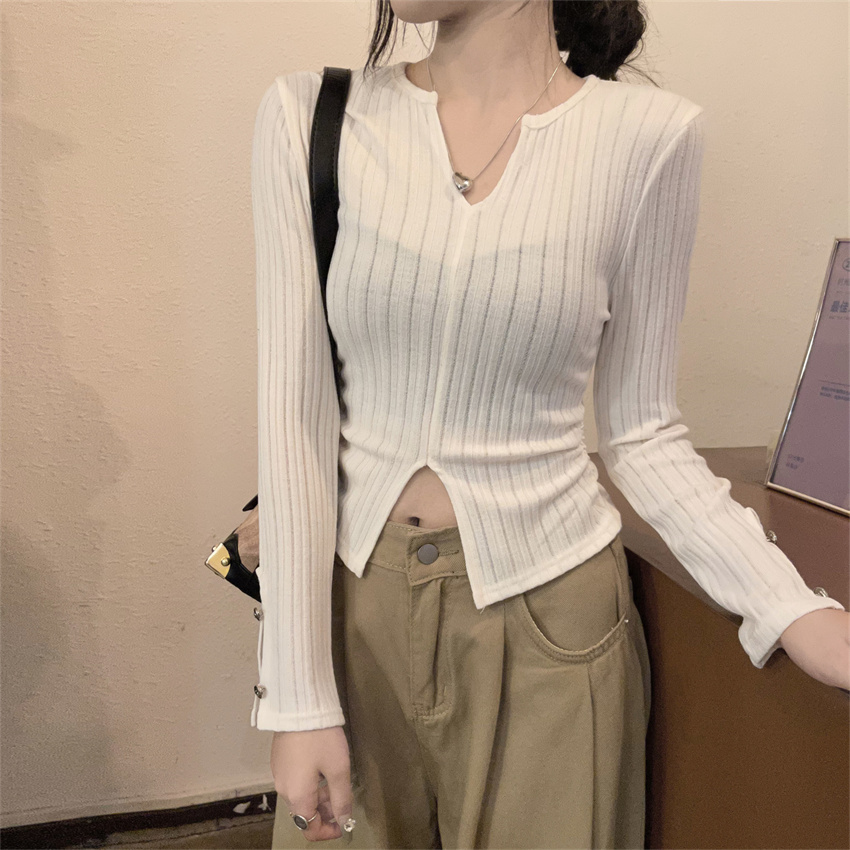 實拍設計感V領針織衫女春韓版小個子顯瘦開叉長袖上衣