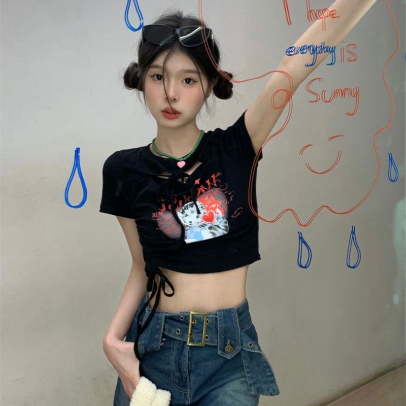 官圖 6535拉架棉 純欲風鏤空印花短袖T恤女夏季新款修身