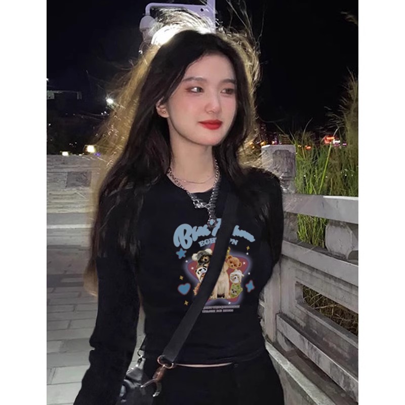 Shoulder bag collar American straight shoulder short T-shirt for women autumn and winter long-sleeved design sweet and cool black bottoming shirt
