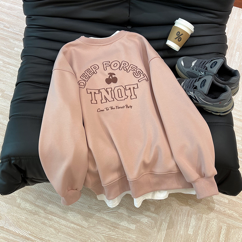 Real shot of Chinese cotton composite 400g sweatshirt women's autumn and winter plus velvet thickened embroidered round neck top