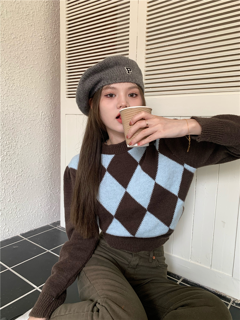 Real shot retro rhombus round neck pullover sweater thickened