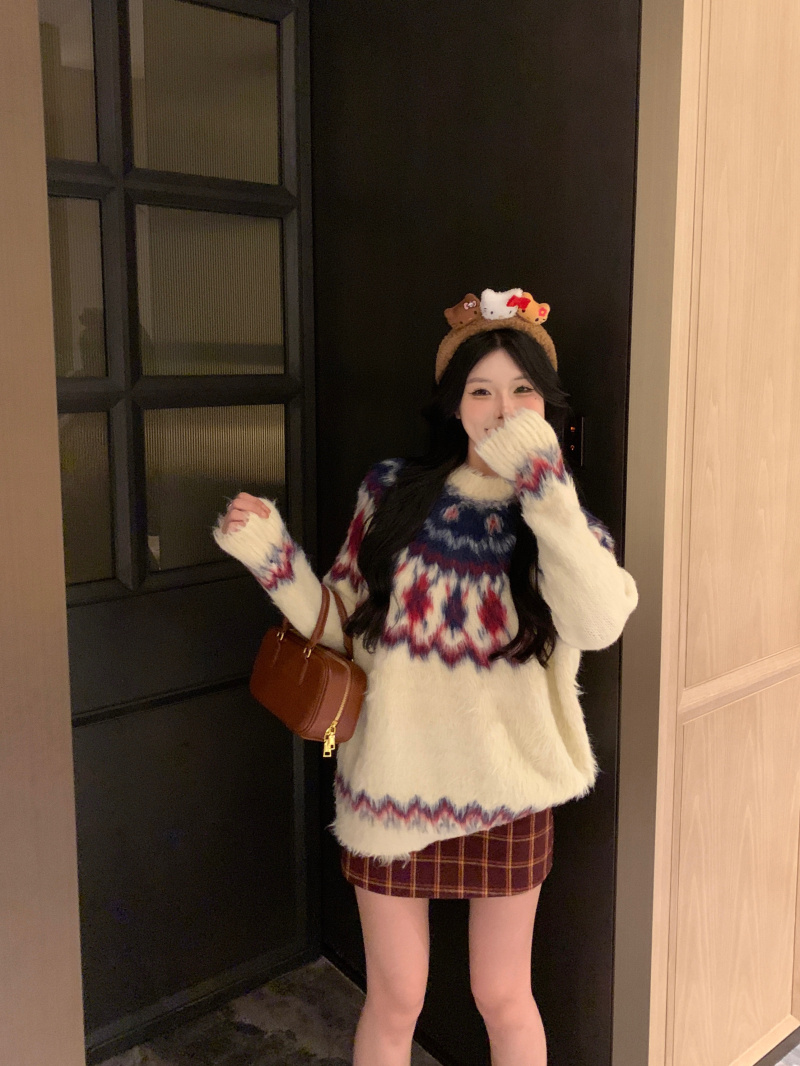 實拍 費爾島雪寶設計感慵懶風寬鬆套頭毛衣女復古內搭針織衫