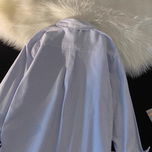 蓝色条纹长袖衬衫女2024韩版小众设计感外搭宽松显瘦上衣外套