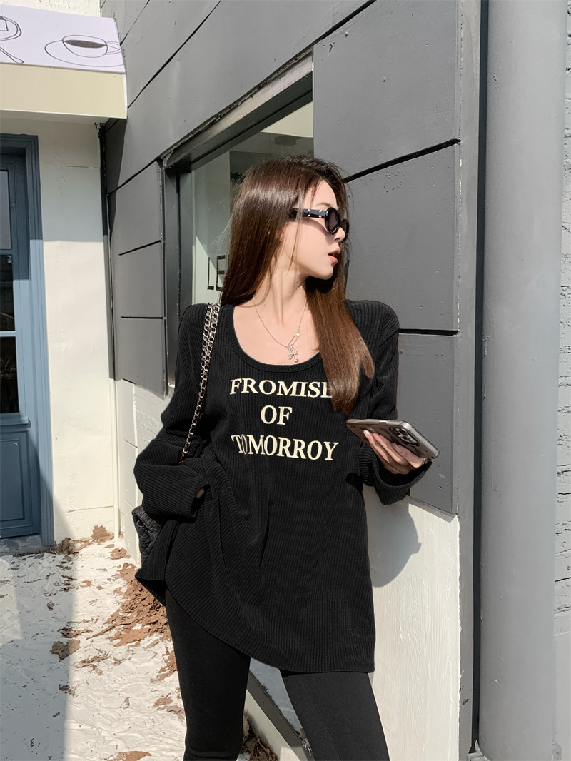 Real shot of chic Maillard loose mid-length slit thickened top bottoming shirt for women + brushed thickened shark pants