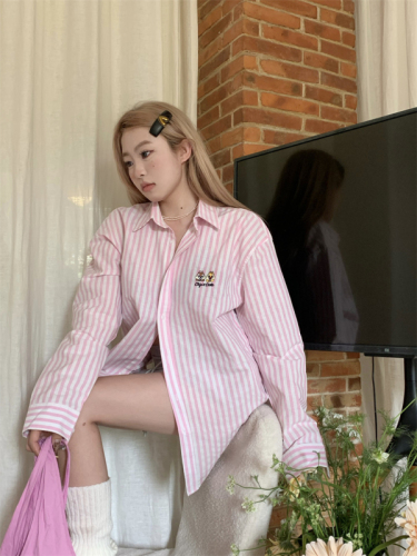 Pink Striped Long Sleeve Sunscreen Polo Collar Shirt Jacket Women's Summer Loose Slim Casual Top