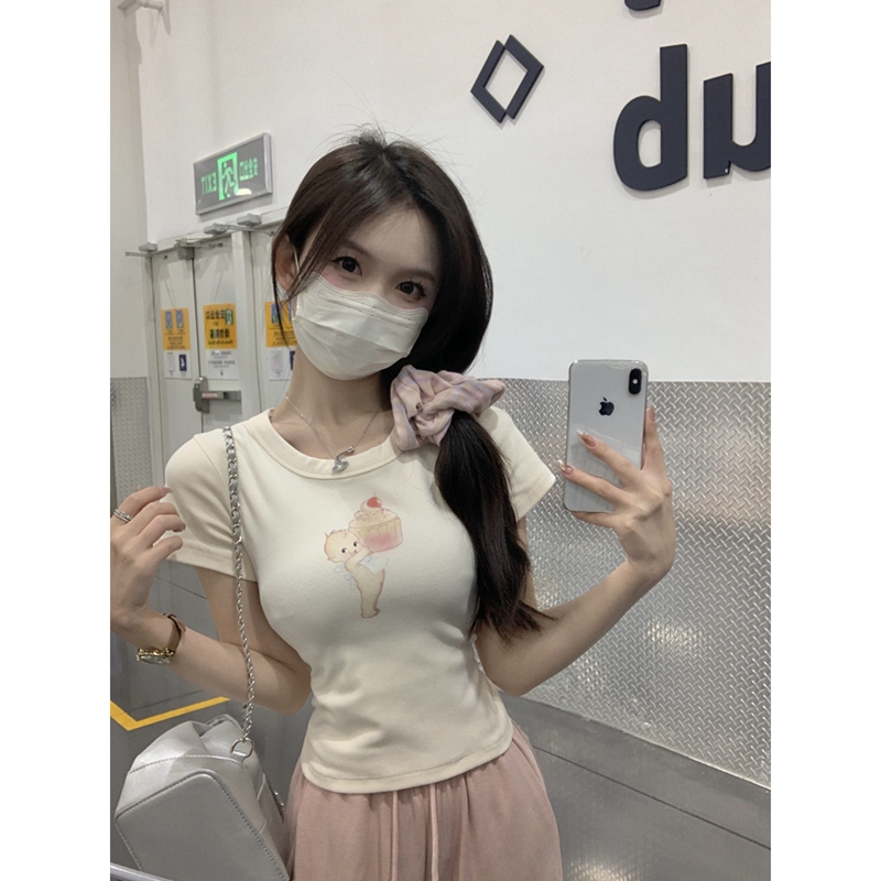 Official picture 6535 stretch cotton summer Korean style new hot girl fashion short round neck design