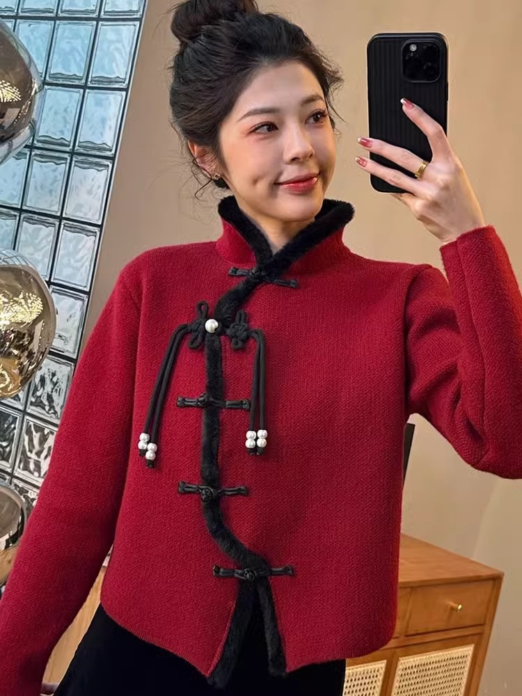 新中式國風不規則盤扣立領長袖毛衣女冬季新款設計感針織上衣