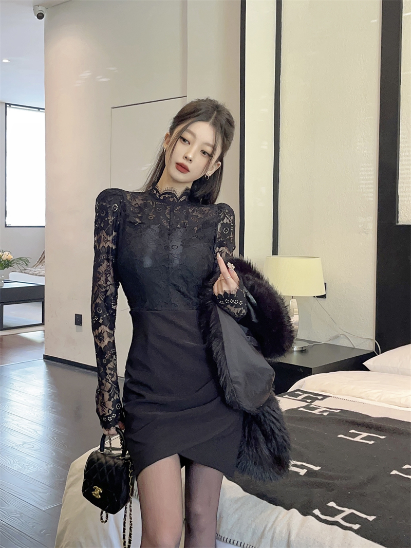 實拍法式氣質高級感連衣裙蕾絲拼接小個子修身顯瘦包臀短裙子