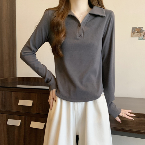 Actual shot of 2024 spring new fat mm versatile slim fit thickened warm half-open collar solid color bottoming T-shirt top