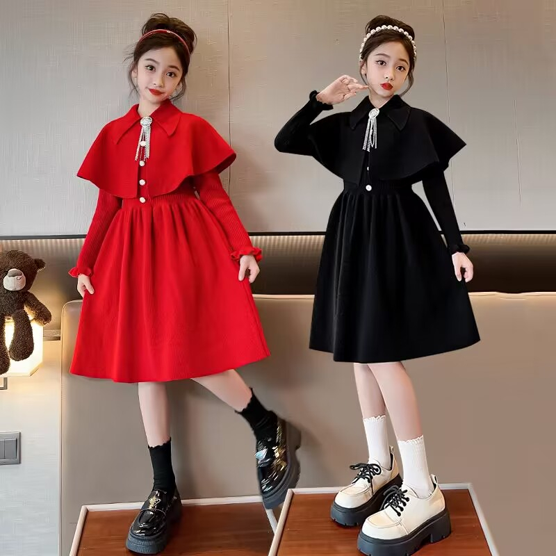 Girls knitted dress autumn and winter style princess dress shawl suit skirt children girl New Year sweater dress