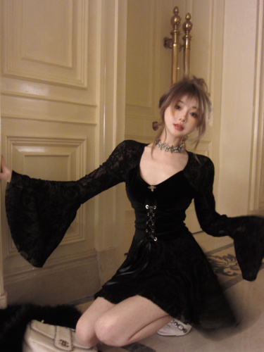 Actual shot~Retro velvet black dress for birthday, high-end feel