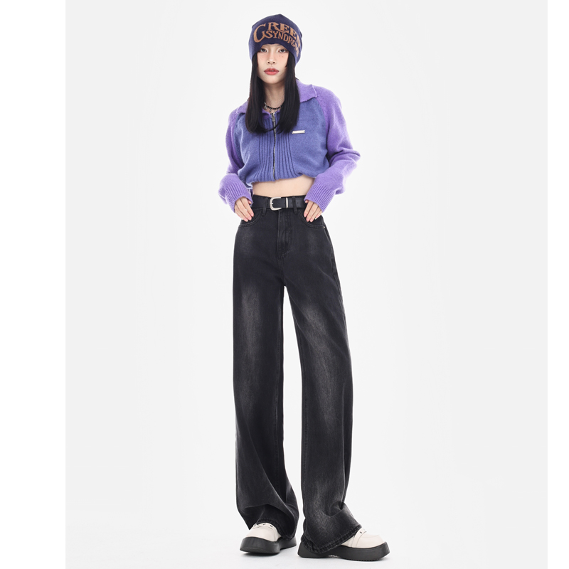 2024 real shot spring black and gray washed wide-leg jeans for women slim denim straight pants floor-length trousers