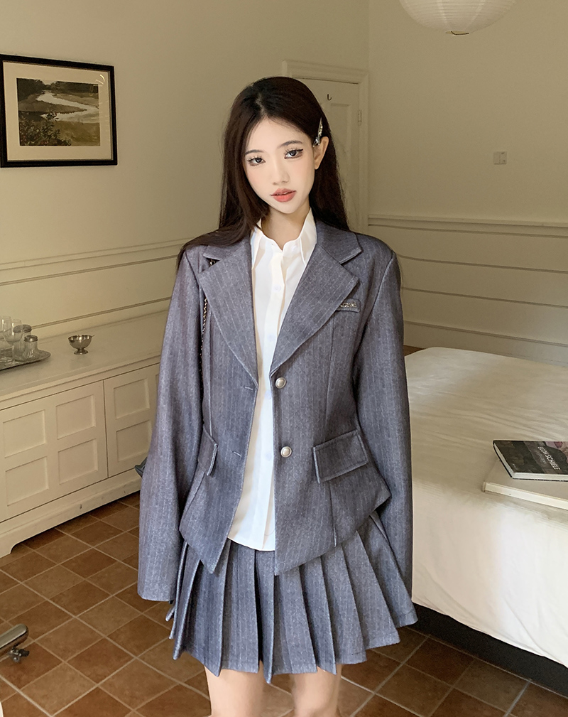 實拍  學院風毛呢外套+內搭襯衫+百褶半身裙三件套套裝