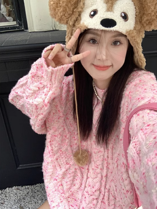 oversize軟糯粉色毛衣女秋冬外穿中長款寬鬆慵懶風高級感針織外套