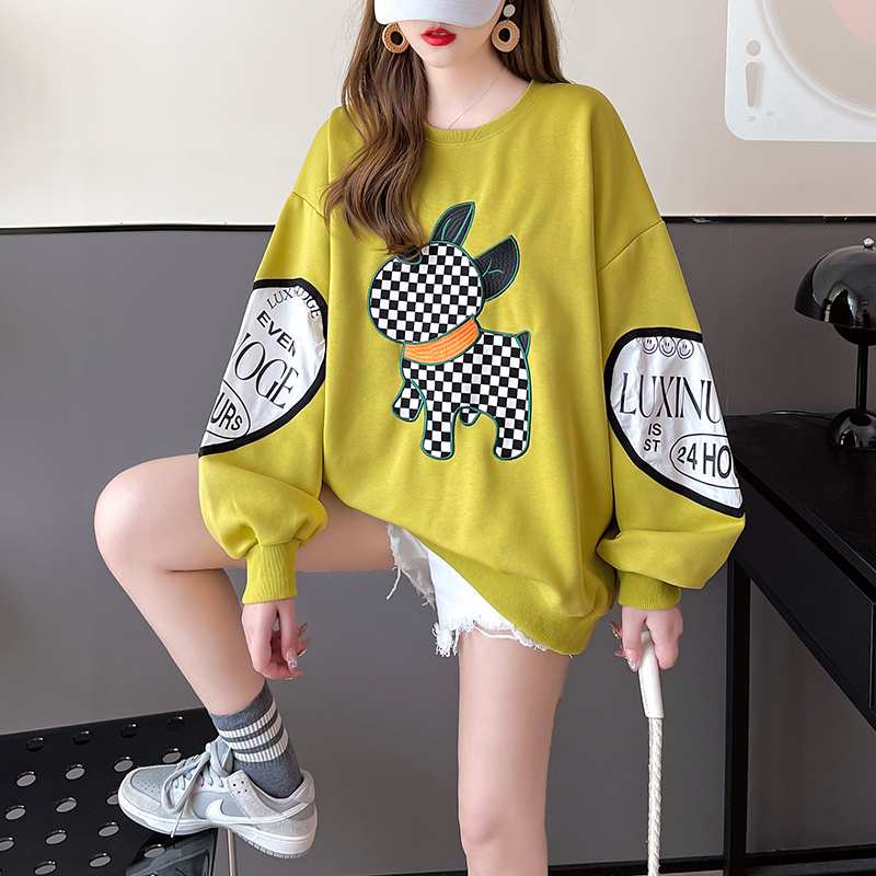 實拍-2024春裝純棉華棉韓版寬鬆後包領刺繡卡通大碼女裝衛衣女
