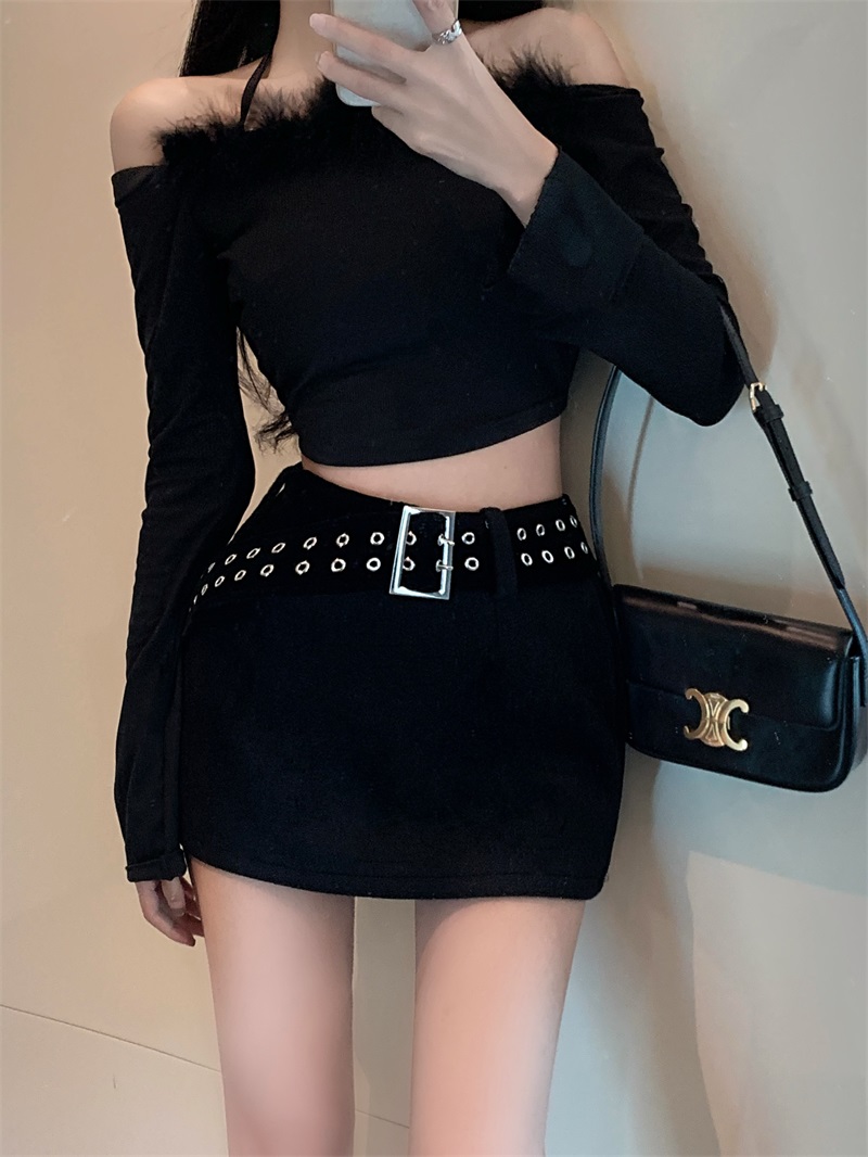 Real shot!  !  Black belted skirt for women, autumn and winter high waisted skirt, hot girl hip-hugging short skirt