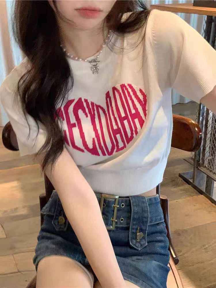 美式復古辣妹藍色愛心短袖t恤女夏夏季正肩修身顯瘦高腰短款上衣