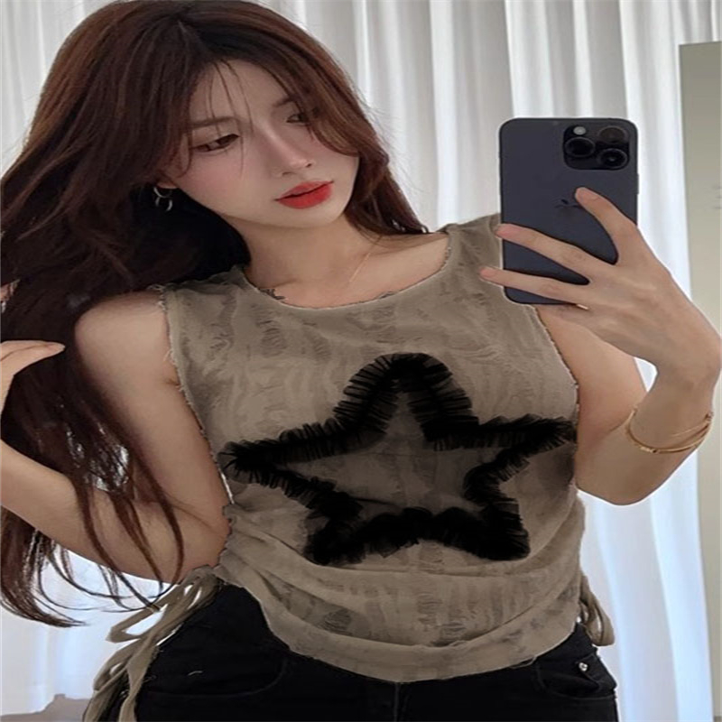 美式辣妹星星坎肩無袖背心夏女外穿設計感小眾抽繩甜辣小上衣T恤
