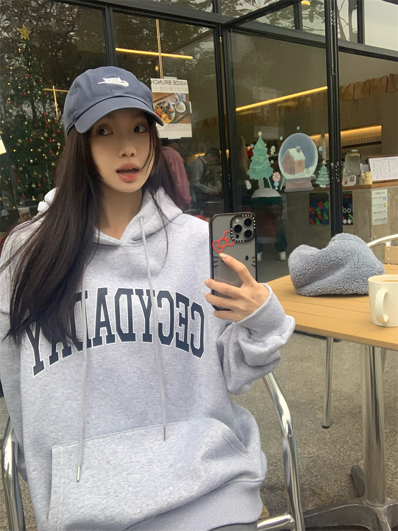 實拍~美式復古慵懶簡約字母加絨銀狐絨連帽衛衣