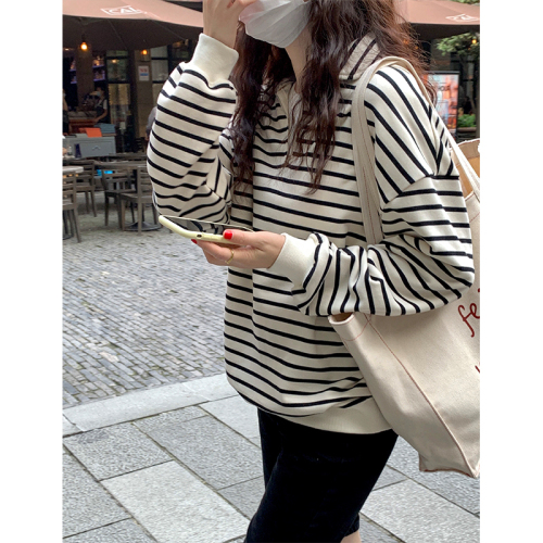 Real shot of half-zip striped sweatshirt for women, spring and autumn Korean style loose slimming short Polo lapel top