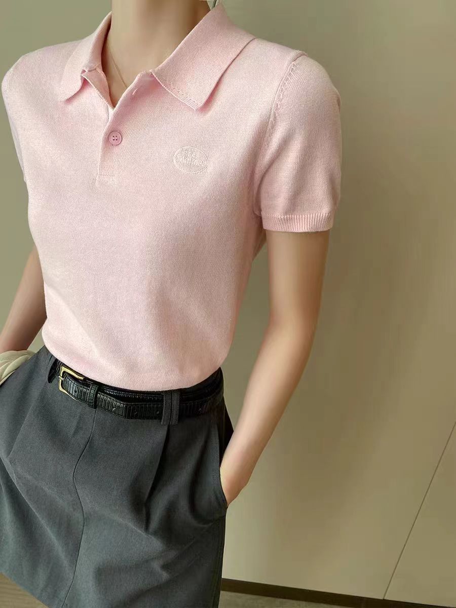 PINKEEN粉色polo領短袖針織T恤女夏季新款學院風時尚通勤上衣
