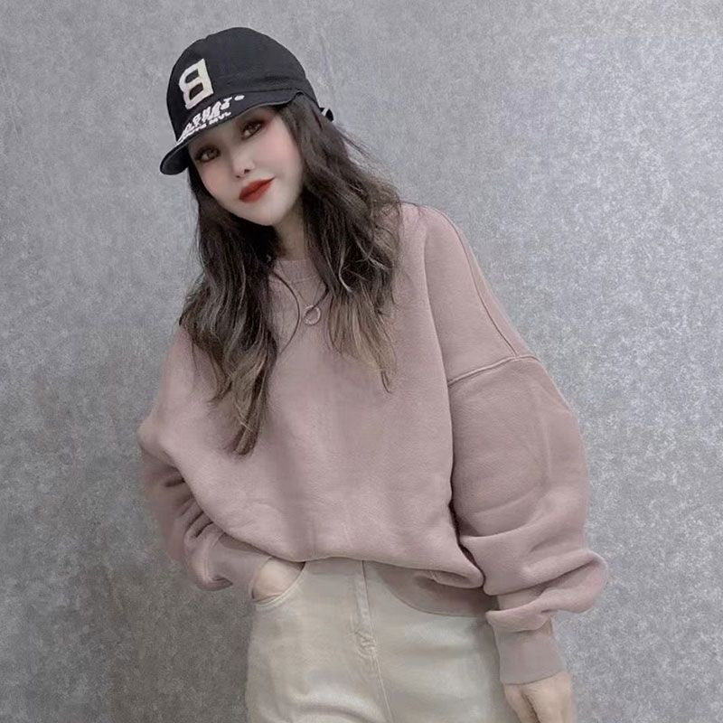 歐貨純色加絨衛衣女冬季新款時尚洋氣淨版百搭圓領長袖上衣潮