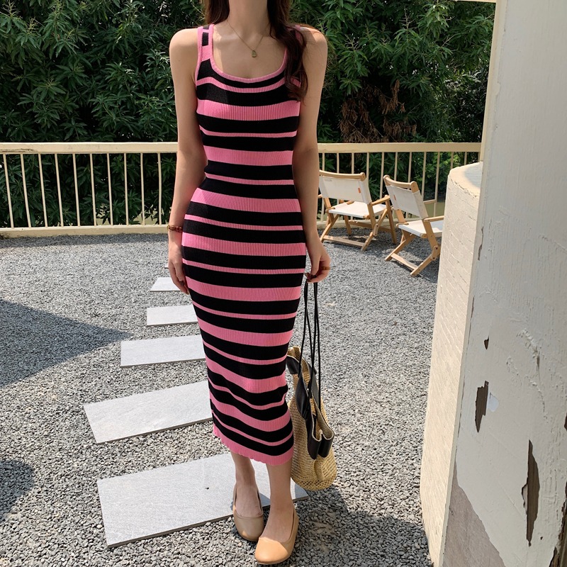 純欲風針織吊帶連衣裙女夏季女裝性感無袖修身中長款包臀裙子