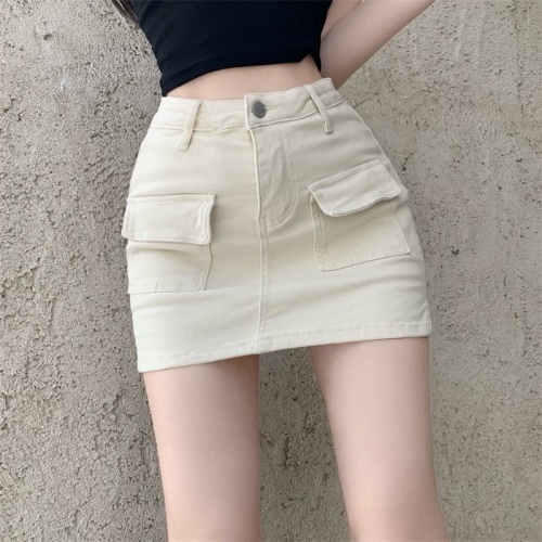 Real shot of stretchy hottie denim skirt for women 2024 culottes high waist slimming A-line hip-hugging short skirt