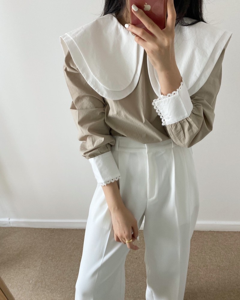 Size update chic spring new versatile color-blocked double-layer doll collar pullover shirt top