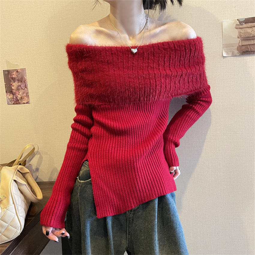實拍新年紅色水貂絨毛衣女秋冬辣妹一字肩上衣內搭打底衫