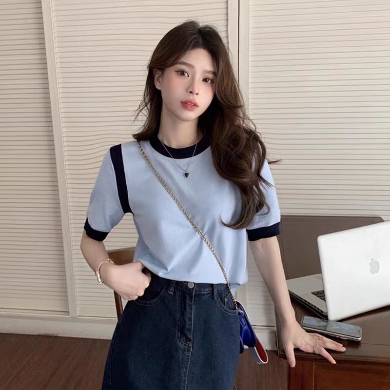 薄款圓領撞色冰絲針織衫短袖正肩t恤女夏設計感小眾顯瘦短款上衣