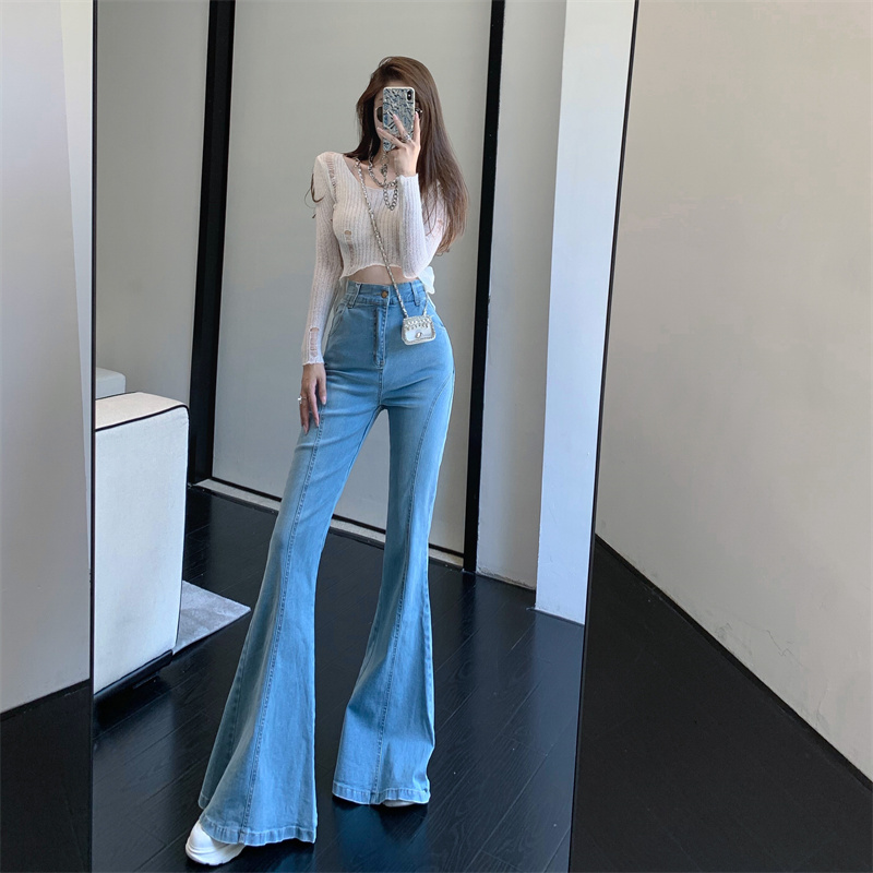 實拍 大喇叭工裝彈力新品韓版闊腿修身高腰牛仔褲女