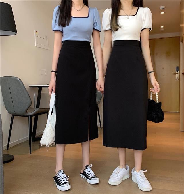 新款西裝面料開叉中長裙子女