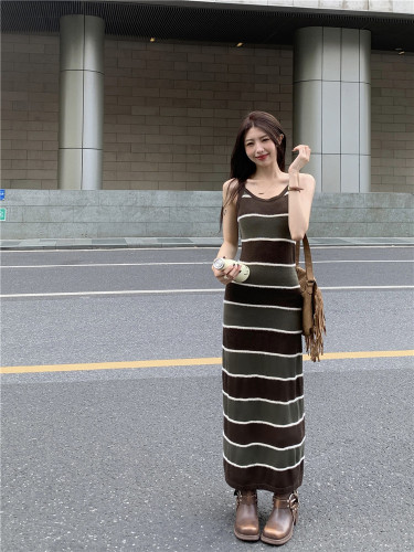Actual shot Spring new style~French retro striped knitted contrasting suspender high waist slim dress