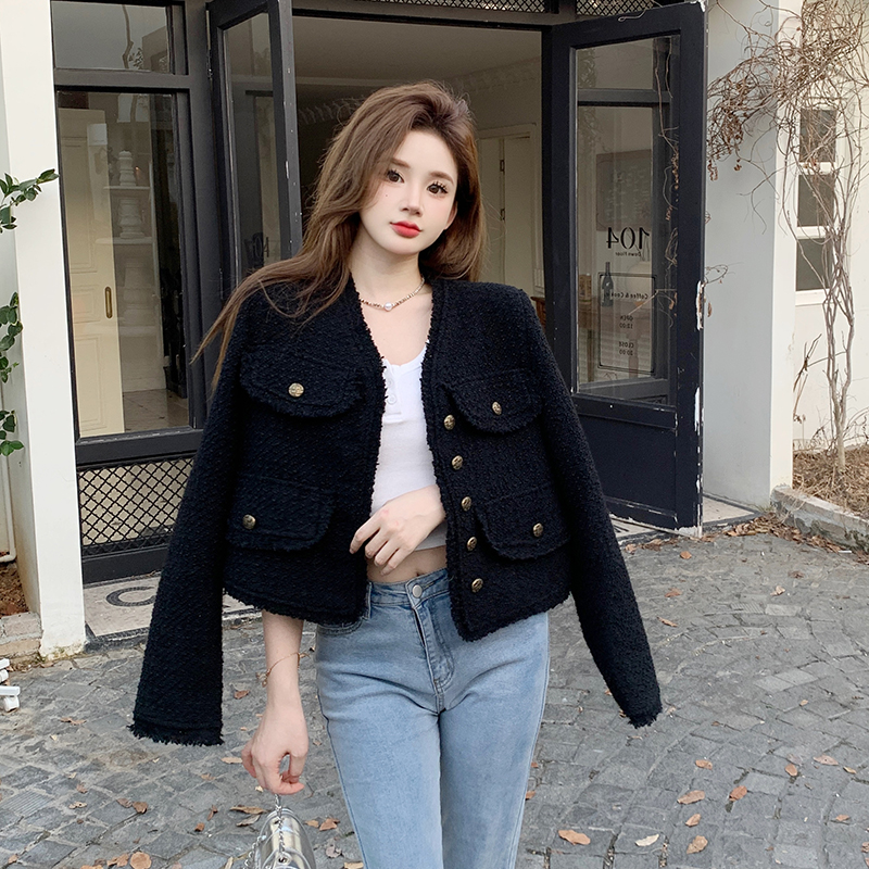 Real shot of plus size women's clothing 2024 spring new versatile fashion top fat mm tweed black small fragrant jacket